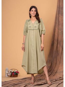 sencei - Women Light Green Puff Sleeves Floral Shirt Dress