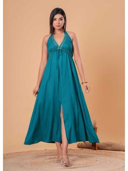 sencei - Women Deep Teal Halter Neck Backless Dress
