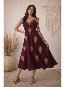 sencei - Women Warm Burgundy Shoulder Tie-Up Dress
