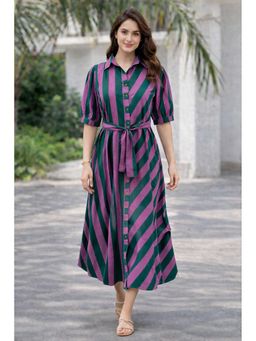 sencei - Women Purple and Green Striped Pure Cotton Shirt Dress