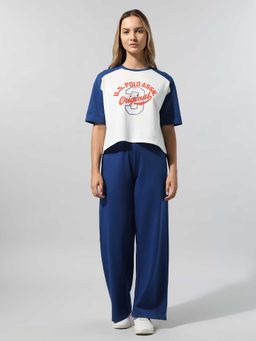 U.S. POLO ASSN. - Women Blue-White Text Printed Polo Collar T-shirt with Pant
