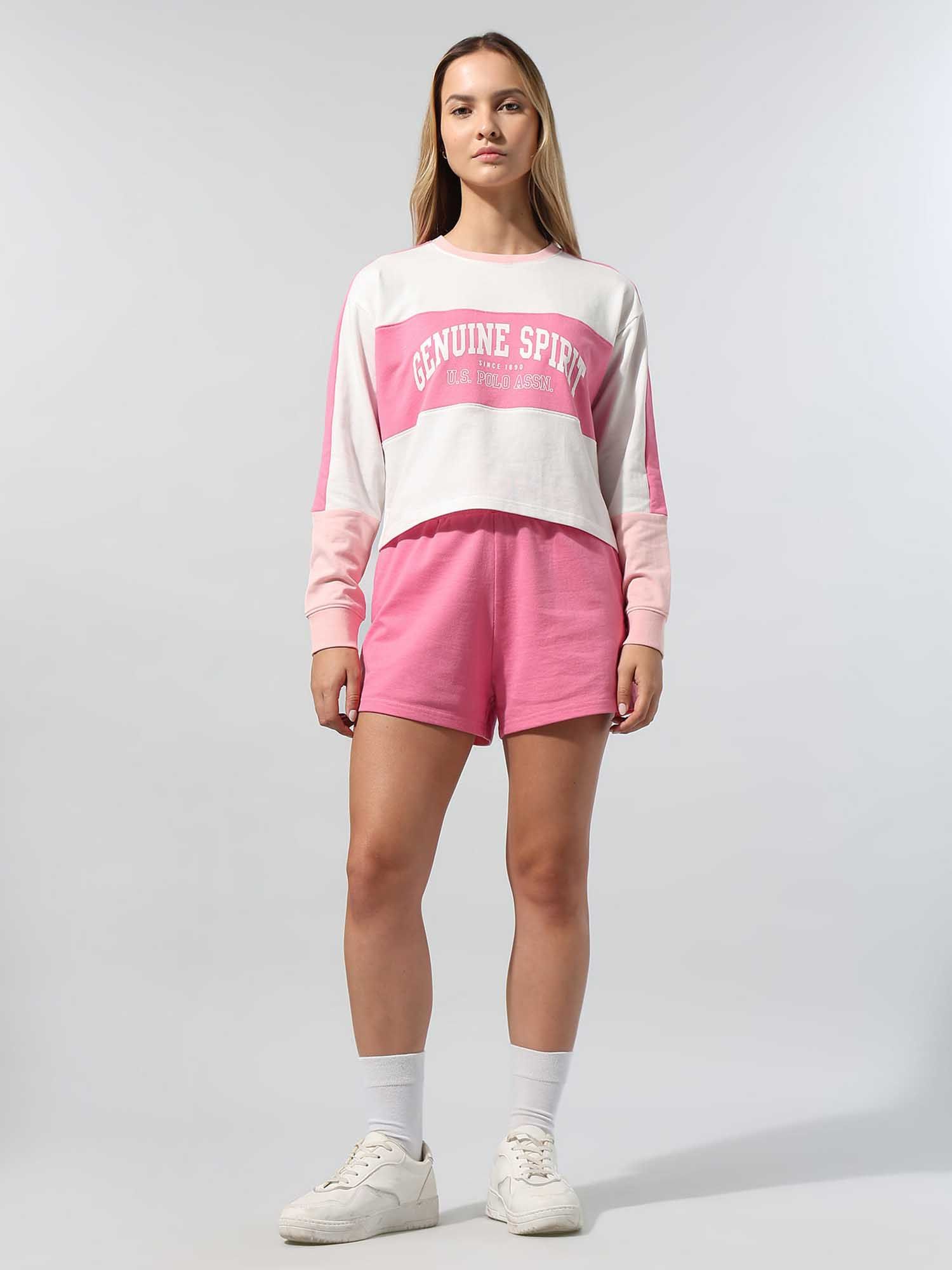 Women Pink and White Colorblock Relaxed Fit T-shirt with Shorts-image-14