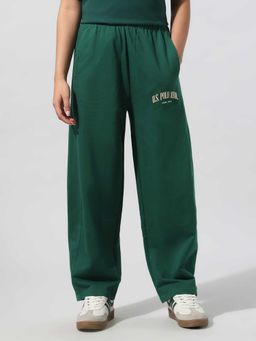 U.S. POLO ASSN. - Women Green Solid Darted Relaxed Fit Casual Trouser