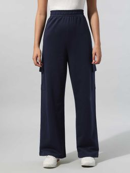 U.S. POLO ASSN. - Women Navy Blue Solid High Rise Wide Leg Casual Trouser