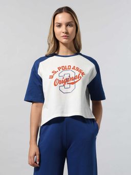 U.S. POLO ASSN. - Women Blue-White Colorblock Relaxed Fit T-shirt