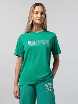 U.S. POLO ASSN. - Women Green Shrunken Regular Fit Text Printed T-shirt
