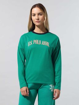 U.S. POLO ASSN. - Women Green Brand Text Printed Regular Fit T-shirt