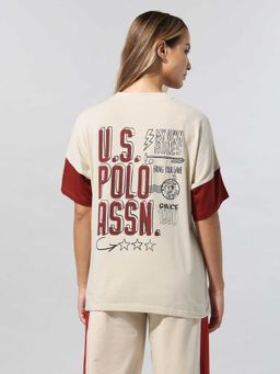 U.S. POLO ASSN. - Women Off White Brand Text Printed Relaxed Fit T-shirt