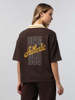 U.S. POLO ASSN. - Women Brown Contrast Collar Relaxed Polo T-shirt