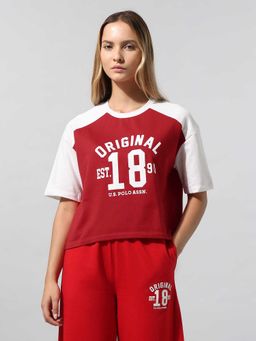 U.S. POLO ASSN. - Women Red Colorblock Relaxed Fit T-shirt