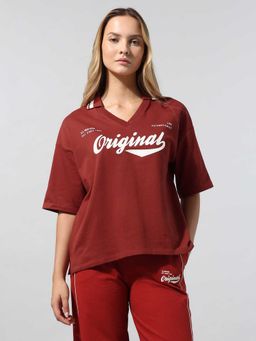U.S. POLO ASSN. - Women Maroon Brand Text Printed Relaxed Polo T-shirt