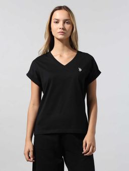 U.S. POLO ASSN. - Women Black Basic Solid V-Neck Regular Fit T-shirt