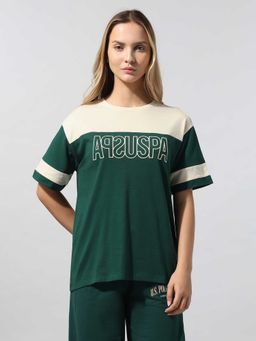 U.S. POLO ASSN. - Women Green Colorblock Relaxed Fit T-shirt