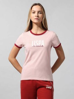 U.S. POLO ASSN. - Women Pink Brand Text Printed Regular Fit T-shirt