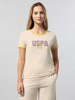 U.S. POLO ASSN. - Women Cream Brand Text Printed Regular Fit T-shirt