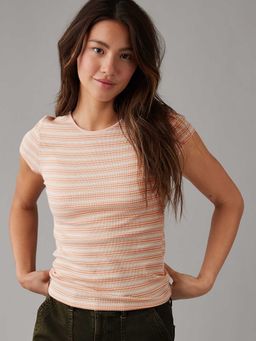 American Eagle - Women Peach Hey Baby Ribbed Stripes T-shirt