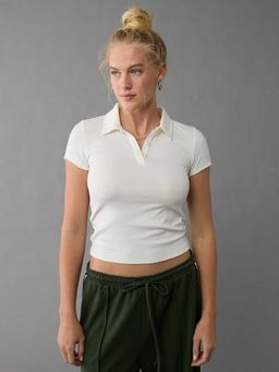 American Eagle - Women White Solid Hey Baby Crop Polo T-shirt