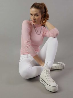 American Eagle - Women Pink Ribbed High Neck T-shirt