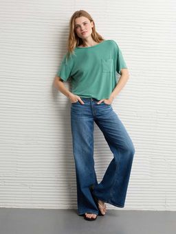 American Eagle - Women Green Solid Soft Pocket T-shirt