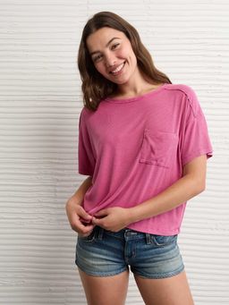 American Eagle - Women Pink Solid Soft Pocket T-shirt