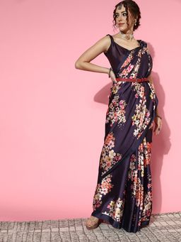 Akhilam - Womens Crepe Purple Digital Print Designer Saree with Unstitched Blouse