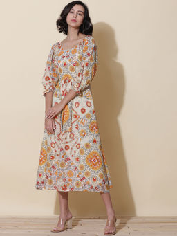 Label Ritu Kumar - Ecru Floral Printed Long Dress