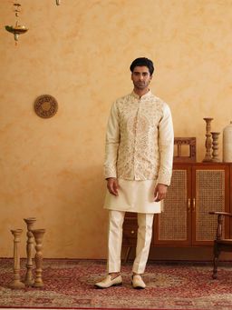 Denis Parkar - Cream Mirror Embroidered Nehru Jacket with Kurta & Pant (Set of 3)