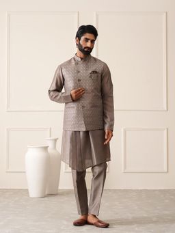 Denis Parkar - Dark Grey Resham Sequins Embroidered Nehru Jacket with Kurta & Pant (Set of 3)