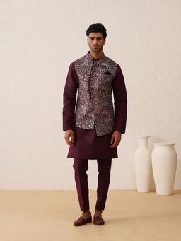 Denis Parkar - Wine Thread Embroidered Nehru Jacket with Kurta & Pant (Set of 3)