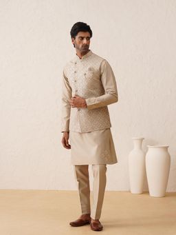 Denis Parkar - Beige Sequins Thread Embroidered Nehru Jacket with Kurta & Pant (Set of 3)