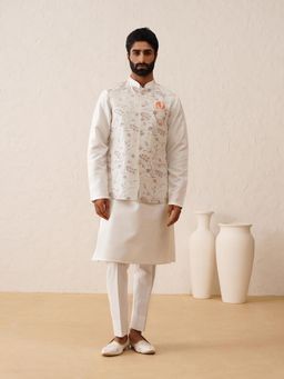 Denis Parkar - Off White Thread Embroidered Nehru Jacket with Kurta & Pant (Set of 3)