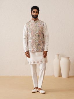 Denis Parkar - Off White Thread Embroidered Nehru Jacket with Kurta & Pant (Set of 3)