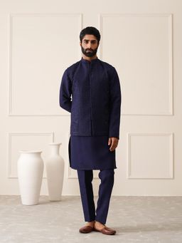 Denis Parkar - Navy Blue Resham Swarovski Embroidered Nehru Jacket with Kurta & Pant (Set of 3)