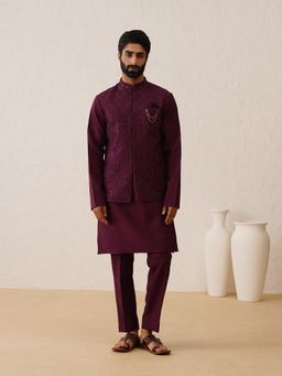 Denis Parkar - Wine Thread Swarovski Embroidered Nehru Jacket with Kurta & Pant (Set of 3)