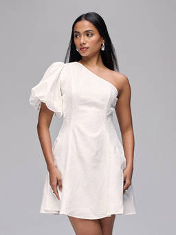 RSVP by Nykaa Fashion - White Textured One Shoulder Fit And Flare Mini Dress