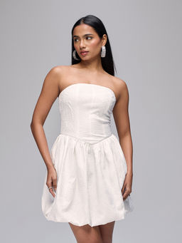 RSVP by Nykaa Fashion - White Textured Balloon Hem Asymmetric Waist Cut Tube Mini Dress