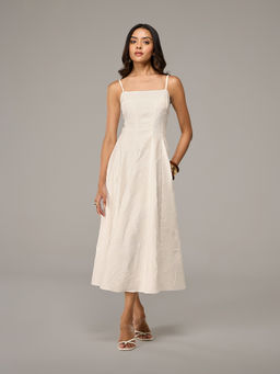 RSVP by Nykaa Fashion - White Self Textured Strappy Flared Midi Dress