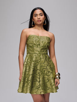 RSVP by Nykaa Fashion - Green Floral Jacquard Tube Neck Fit and Flare Panelled Mini Dress