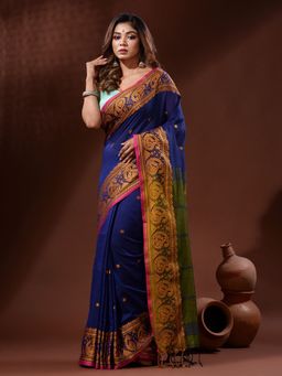 CHARUKRITI - Royal Blue Cotton Handspun Handwoven Saree with Paisley Border with Unstitched Blouse