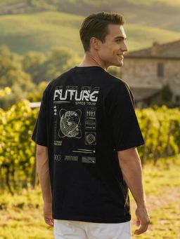 Nobero - Men Oversized Graphic Printed Black T-shirt
