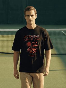 Nobero - Men Oversized Graphic Printed Black T-shirt