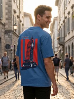 Nobero - Men Oversized Graphic Printed Blue T-shirt