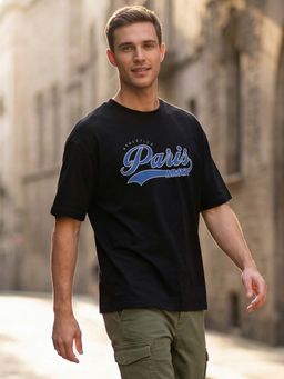 Nobero - Men Oversized Typography Printed Black T-shirt