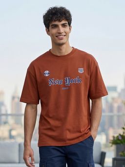 Nobero - Men Oversized Typography Printed Orange T-shirt