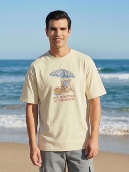 Nobero - Men Oversized Graphic Printed Beige T-shirt