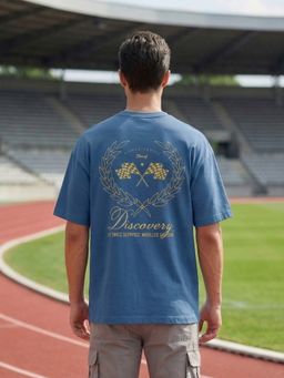 Nobero - Men Oversized Graphic Printed Blue T-shirt