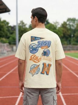 Nobero - Men Oversized Graphic Printed Beige T-shirt