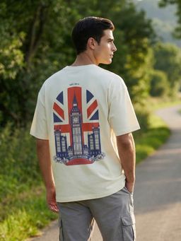 Nobero - Men Oversized Graphic Printed Beige T-shirt