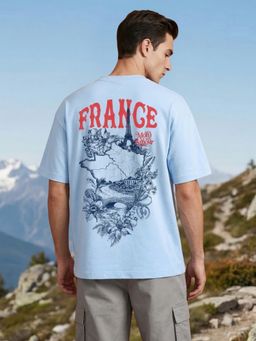 Nobero - Men Oversized Graphic Printed Blue T-shirt