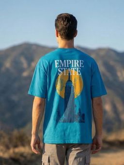 Nobero - Men Oversized Graphic Printed Blue T-shirt